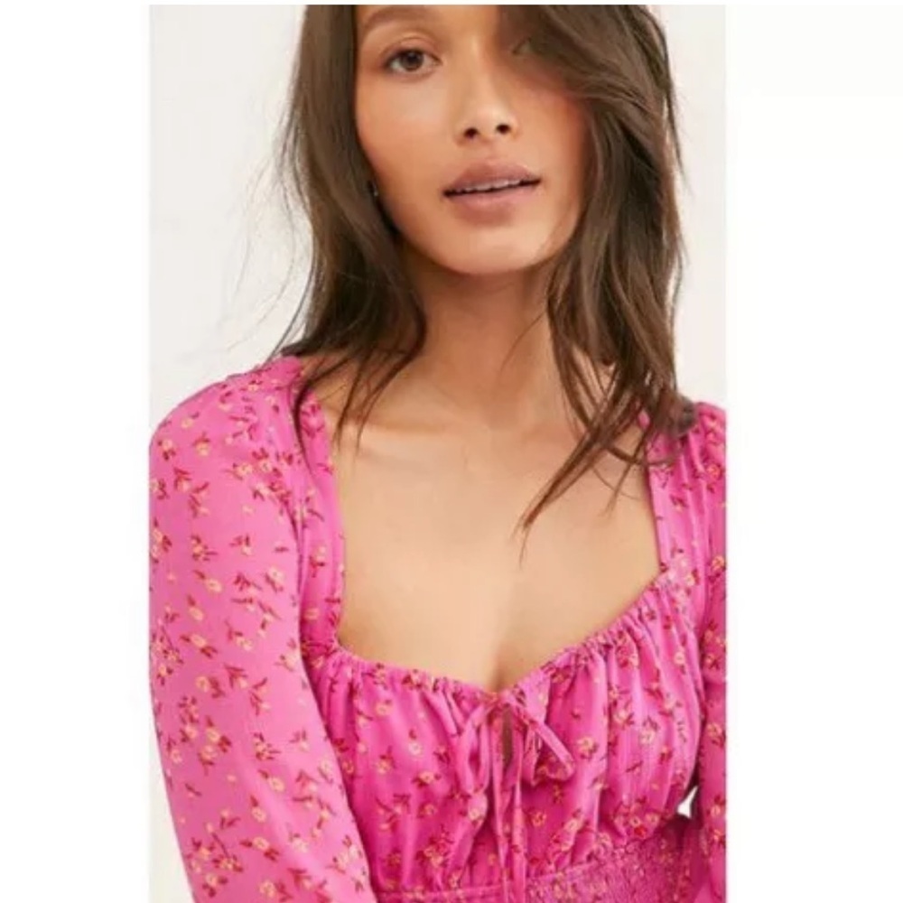 Free People Lolita‎ Smocked Floral Peasant Top Pink Sz XS - Picture 3 of 9